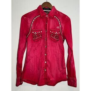 Roar Red Women's Western Rodeo Snap Bling Shirt Black Detail size S
